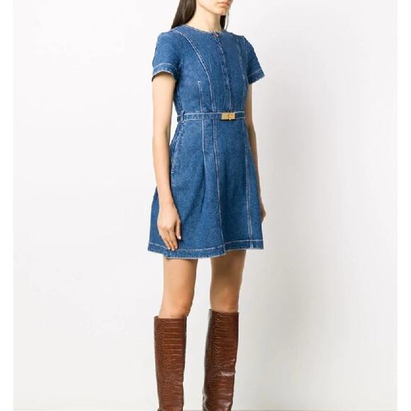 Tory Burch Nadia Triple Washed Blue Denim Belted Dress 12 Gold Logo Short Mini - Picture 1 of 8